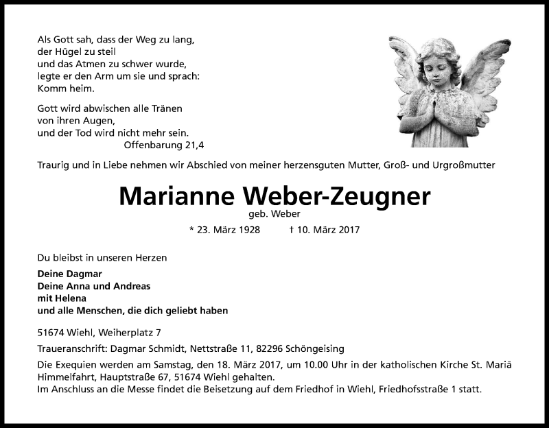  Traueranzeige für Marianne Weber-Zeugner vom 14.03.2017 aus Kölner Stadt-Anzeiger / Kölnische Rundschau / Express