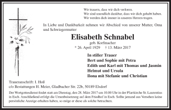 Anzeige von Elisabeth Schnabel von  Sonntags-Post 