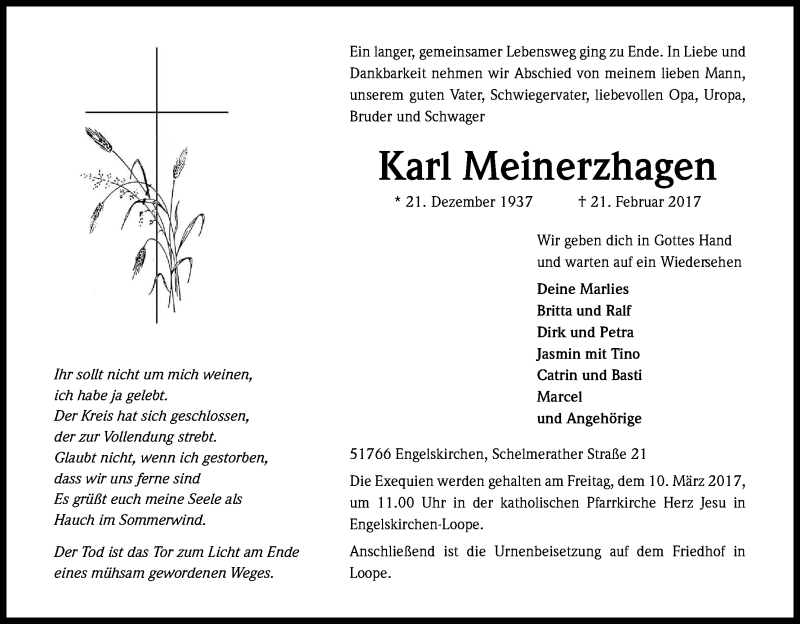  Traueranzeige für Karl Meinerzhagen vom 04.03.2017 aus Kölner Stadt-Anzeiger / Kölnische Rundschau / Express