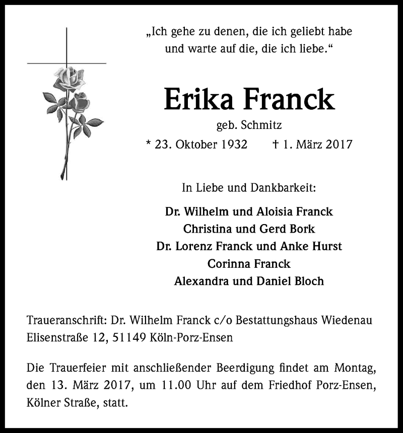  Traueranzeige für Erika Franck vom 11.03.2017 aus Kölner Stadt-Anzeiger / Kölnische Rundschau / Express