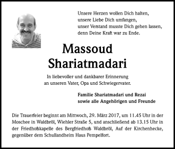 Anzeige von Massoud Shariatmadari von Kölner Stadt-Anzeiger / Kölnische Rundschau / Express