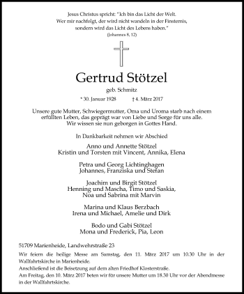 Anzeige von Gertrud Stötzel von Kölner Stadt-Anzeiger / Kölnische Rundschau / Express