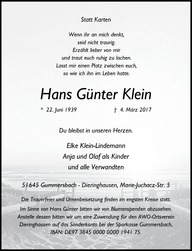  Traueranzeige für Hans Günter Klein vom 08.03.2017 aus  Anzeigen Echo 