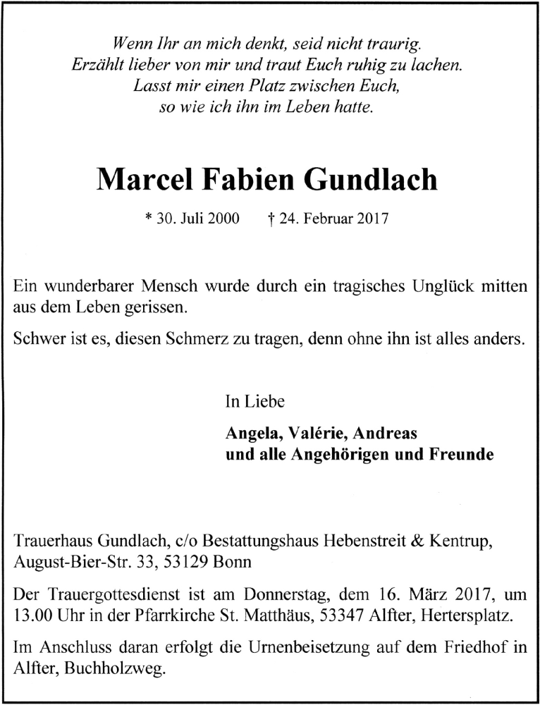  Traueranzeige für Marcel Fabien Gundlach vom 11.03.2017 aus  Schaufenster/Blickpunkt am Wochenende 