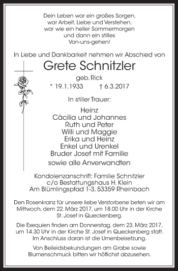 Anzeige von Grete Schnitzler von  Schaufenster/Blickpunkt 