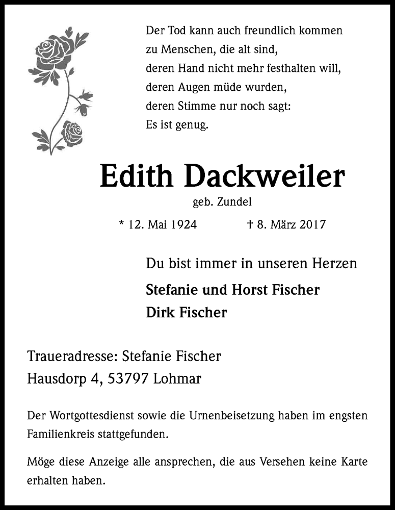  Traueranzeige für Edith Dackweiler vom 18.03.2017 aus Kölner Stadt-Anzeiger / Kölnische Rundschau / Express
