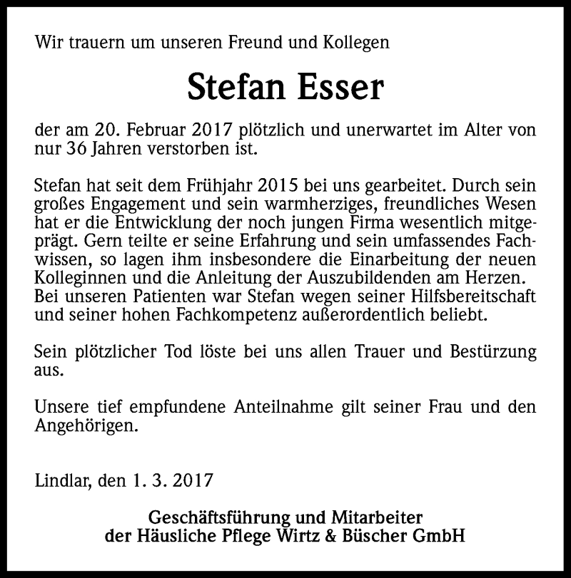  Traueranzeige für Stefan Esser vom 03.03.2017 aus Kölner Stadt-Anzeiger / Kölnische Rundschau / Express