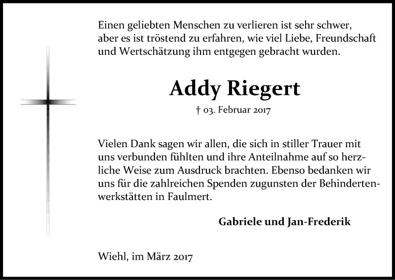  Traueranzeige für Addy Riegert vom 25.03.2017 aus Kölner Stadt-Anzeiger / Kölnische Rundschau / Express