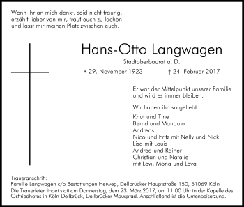 Anzeige von Hans-Otto Langwagen von Kölner Stadt-Anzeiger / Kölnische Rundschau / Express