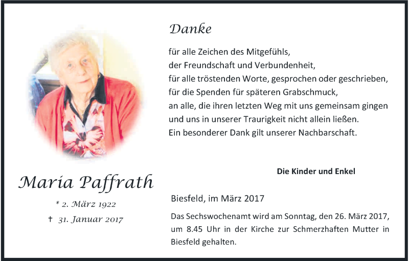  Traueranzeige für Maria Paffrath vom 18.03.2017 aus Kölner Stadt-Anzeiger / Kölnische Rundschau / Express