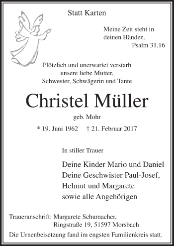Anzeige von Christel Müller von  Lokalanzeiger 