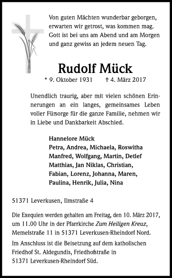 Anzeige von Rudolf Mück von Kölner Stadt-Anzeiger / Kölnische Rundschau / Express