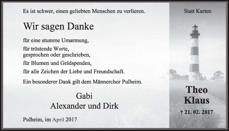  Traueranzeige für Theo Klaus vom 01.04.2017 aus  Sonntags-Post 