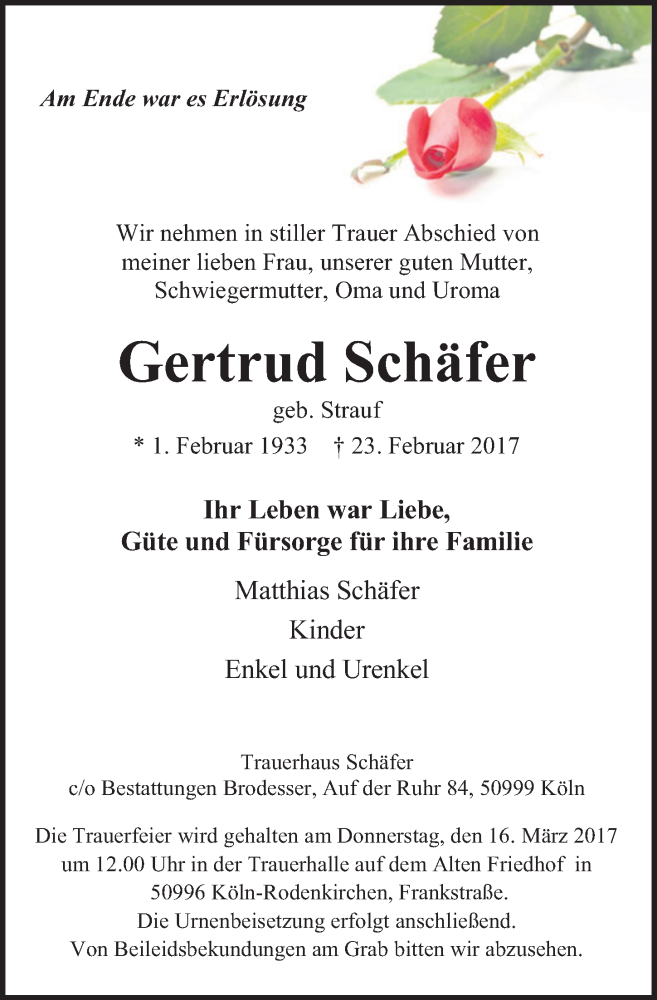  Traueranzeige für Gertrud Schäfer vom 08.03.2017 aus  Kölner Wochenspiegel 