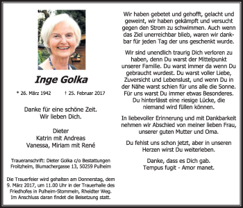 Anzeige von Inge Golka von  Sonntags-Post 