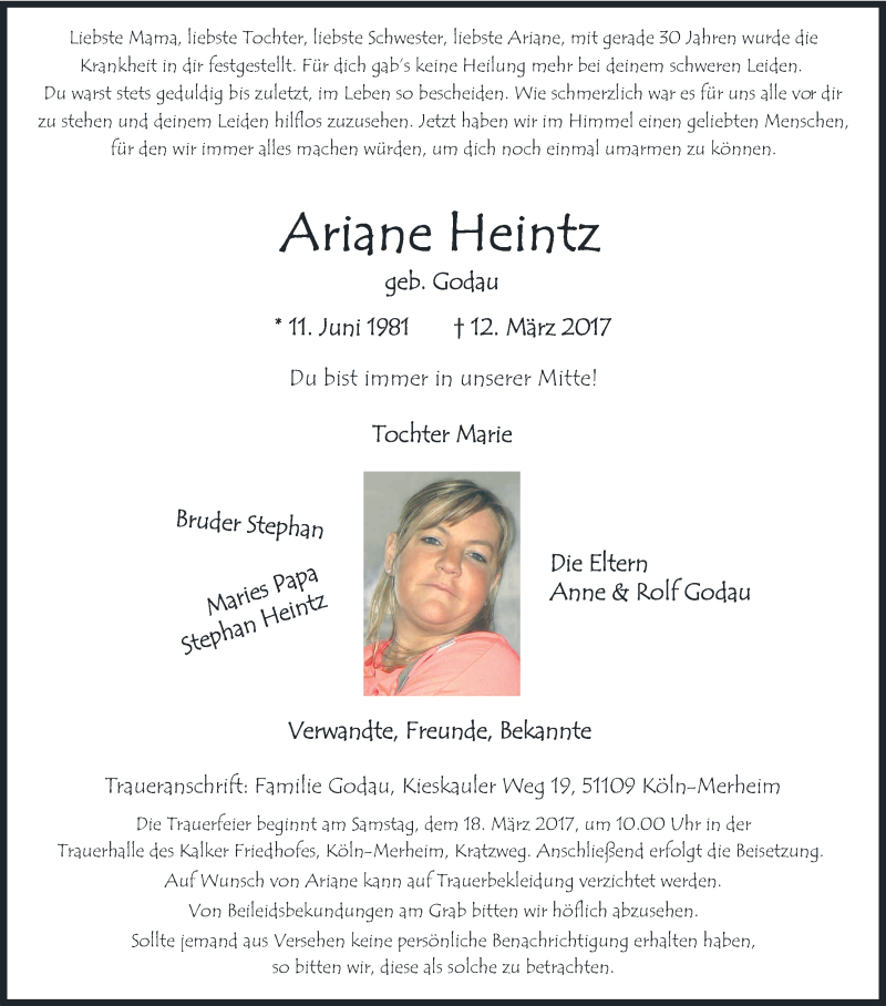  Traueranzeige für Ariane Heintz vom 15.03.2017 aus Kölner Stadt-Anzeiger / Kölnische Rundschau / Express