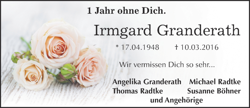  Traueranzeige für Irmgard Granderath vom 08.03.2017 aus  Schaufenster/Blickpunkt 