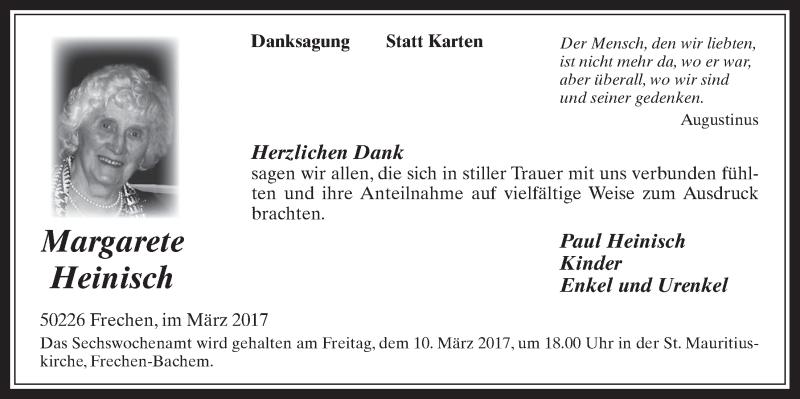  Traueranzeige für Margarete Heinisch vom 08.03.2017 aus  Wochenende 