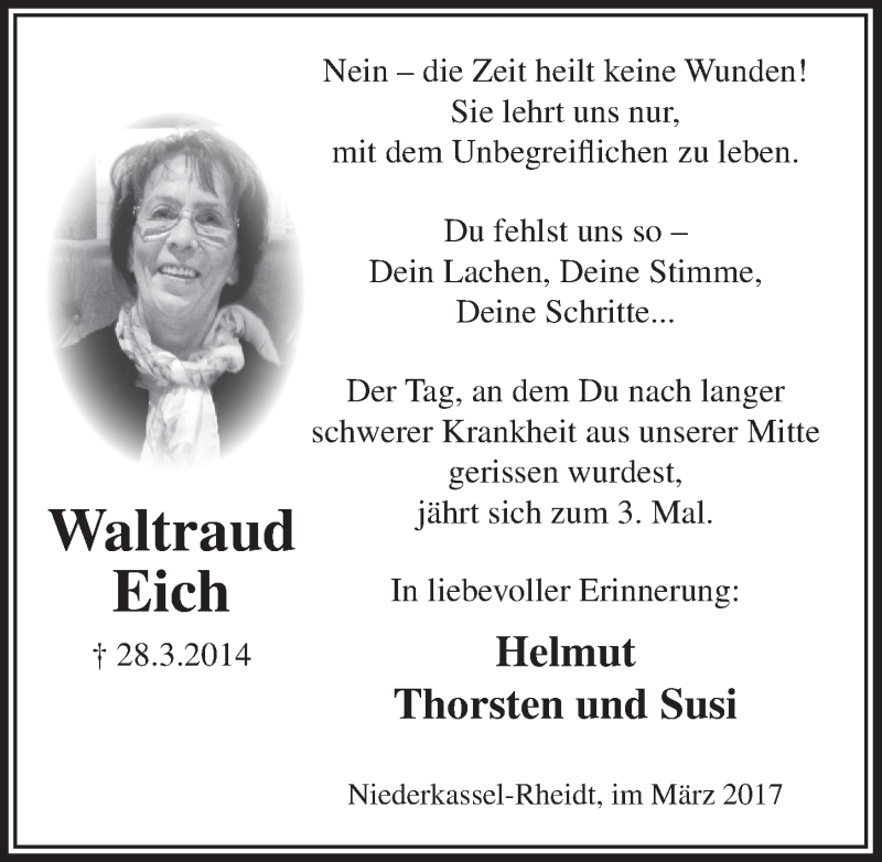  Traueranzeige für Waltraud Eich vom 29.03.2017 aus  Extra Blatt 