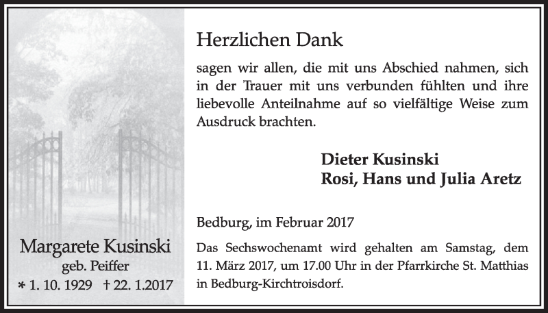  Traueranzeige für Margarete Kusinski vom 04.03.2017 aus  Sonntags-Post 
