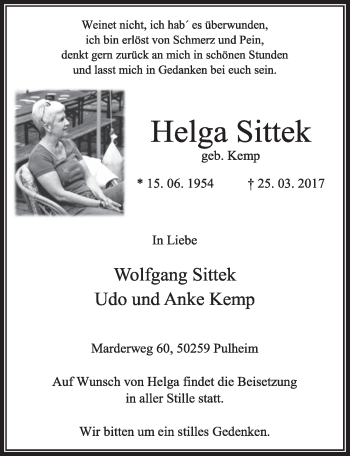Anzeige von Helga Sittek von  Sonntags-Post 
