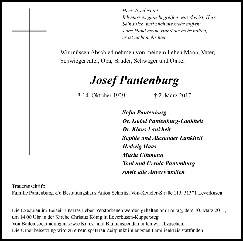 Traueranzeige für Josef Pantenburg vom 06.03.2017 aus Kölner Stadt-Anzeiger / Kölnische Rundschau / Express