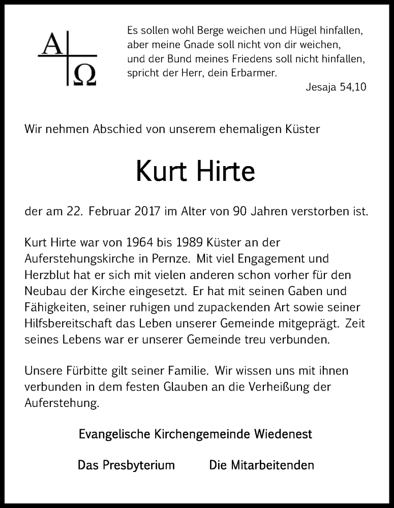  Traueranzeige für Kurt Hirte vom 03.03.2017 aus Kölner Stadt-Anzeiger / Kölnische Rundschau / Express