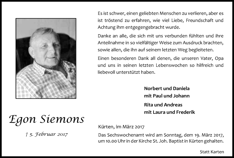  Traueranzeige für Egon Siemons vom 15.03.2017 aus Kölner Stadt-Anzeiger / Kölnische Rundschau / Express