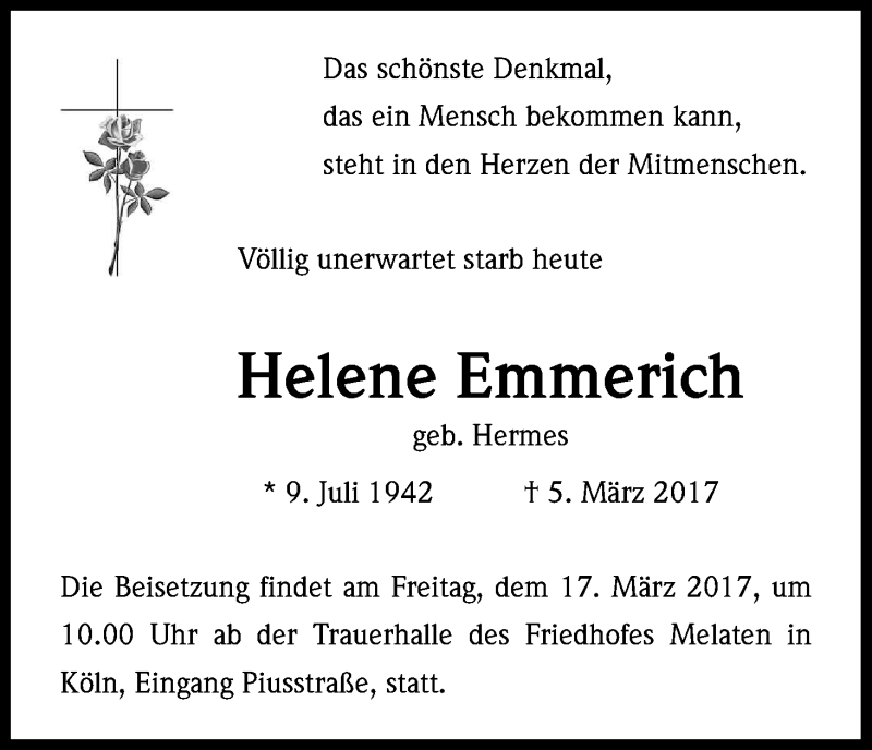  Traueranzeige für Helene Emmerich vom 14.03.2017 aus Kölner Stadt-Anzeiger / Kölnische Rundschau / Express