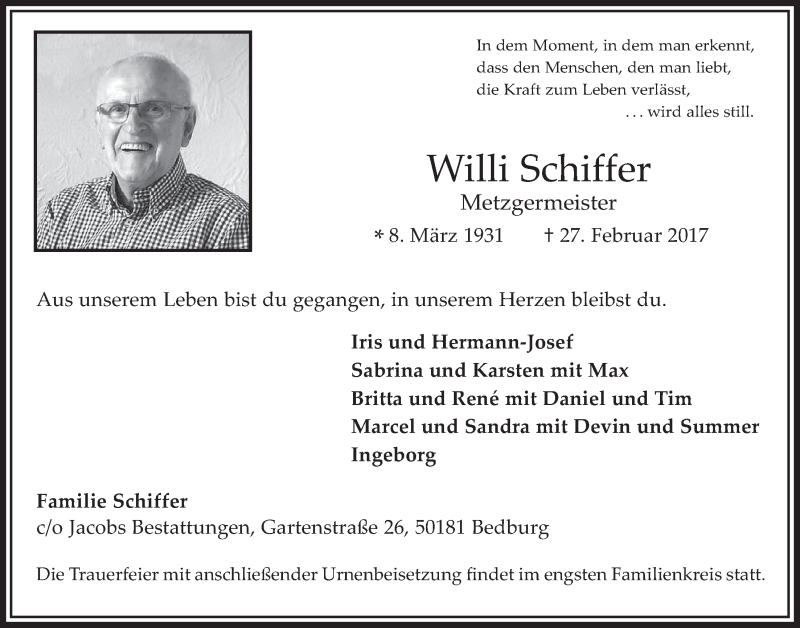 Traueranzeige für Willi Schiffer vom 08.03.2017 aus  Werbepost 