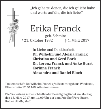 Anzeige von Erika Franck von  Kölner Wochenspiegel 