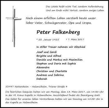 Anzeige von Peter Falkenberg von Kölner Stadt-Anzeiger / Kölnische Rundschau / Express