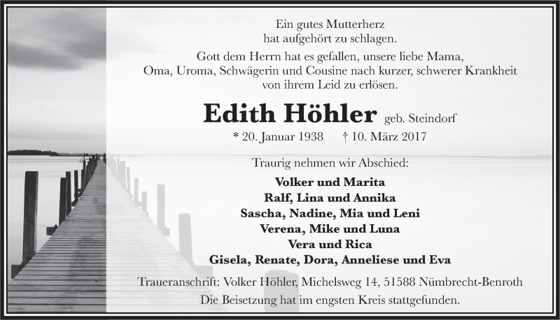  Traueranzeige für Edith Höhler vom 22.03.2017 aus  Lokalanzeiger 