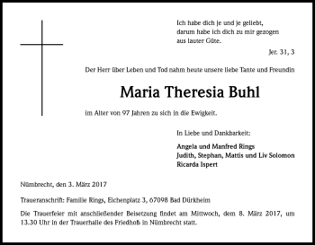 Anzeige von Maria Theresia Buhl von Kölner Stadt-Anzeiger / Kölnische Rundschau / Express