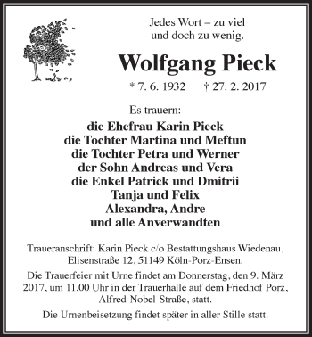 Anzeige von Wolfgang Pieck 