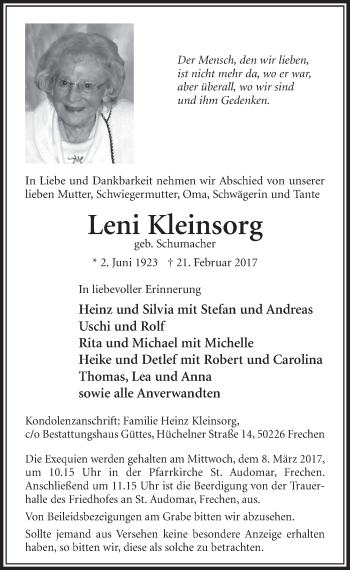 Anzeige von Leni Kleinsorg von  Sonntags-Post 