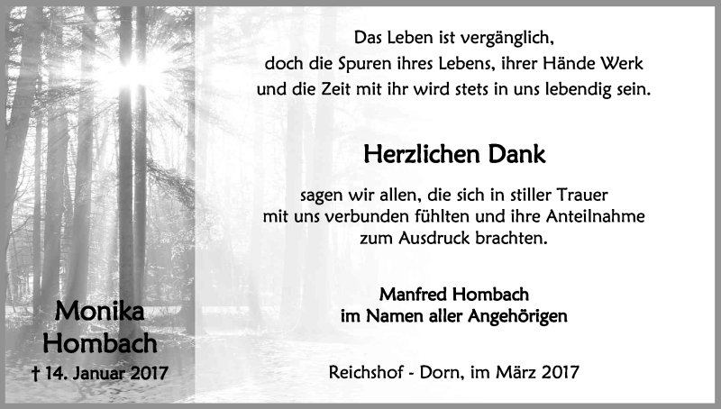  Traueranzeige für Monika Hombach vom 04.03.2017 aus Kölner Stadt-Anzeiger / Kölnische Rundschau / Express