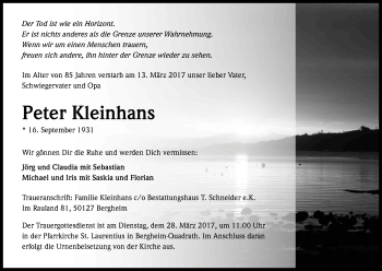 Anzeige von Peter Kleinhans von Kölner Stadt-Anzeiger / Kölnische Rundschau / Express