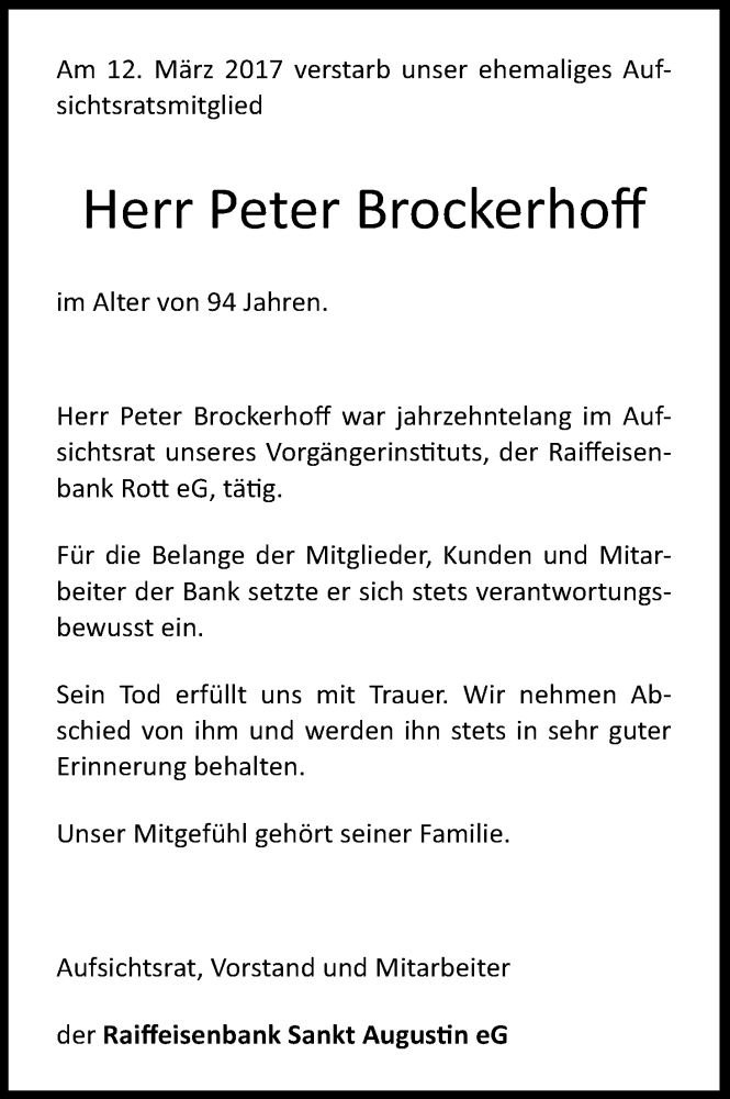  Traueranzeige für Peter Brockerhoff vom 18.03.2017 aus Kölner Stadt-Anzeiger / Kölnische Rundschau / Express