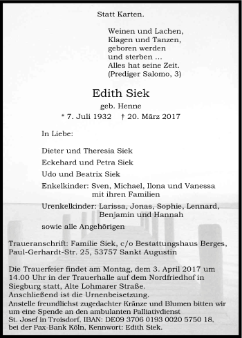 Anzeige von Edith Siek von Kölner Stadt-Anzeiger / Kölnische Rundschau / Express
