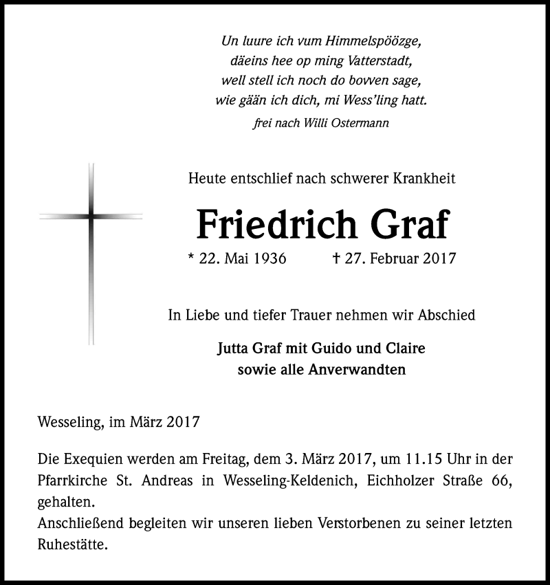  Traueranzeige für Friedrich Graf vom 02.03.2017 aus Kölner Stadt-Anzeiger / Kölnische Rundschau / Express