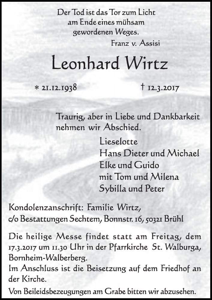  Traueranzeige für Leonhard Wirtz vom 15.03.2017 aus  Schlossbote/Werbekurier 