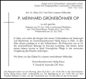 Anzeige von Meinhard Grüneböhmer von Kölner Stadt-Anzeiger / Kölnische Rundschau / Express