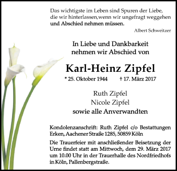 Anzeige von Karl-Heinz Zipfel von Kölner Stadt-Anzeiger / Kölnische Rundschau / Express
