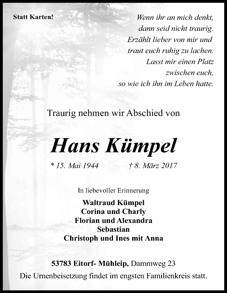  Traueranzeige für Hans Kümpel vom 11.03.2017 aus Kölner Stadt-Anzeiger / Kölnische Rundschau / Express
