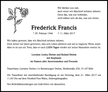 Anzeige von Frederick Francis von Kölner Stadt-Anzeiger / Kölnische Rundschau / Express