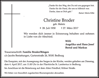 Anzeige von Christine Broder von  Sonntags-Post 
