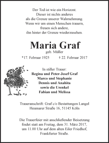 Anzeige von Maria Graf von  Kölner Wochenspiegel 