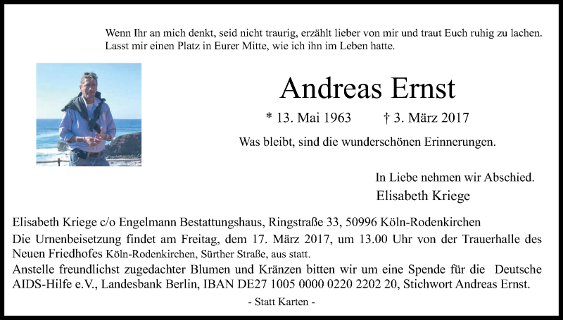  Traueranzeige für Andreas Ernst vom 11.03.2017 aus Kölner Stadt-Anzeiger / Kölnische Rundschau / Express