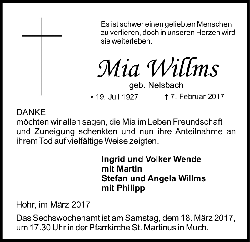  Traueranzeige für Mia Willms vom 11.03.2017 aus Kölner Stadt-Anzeiger / Kölnische Rundschau / Express